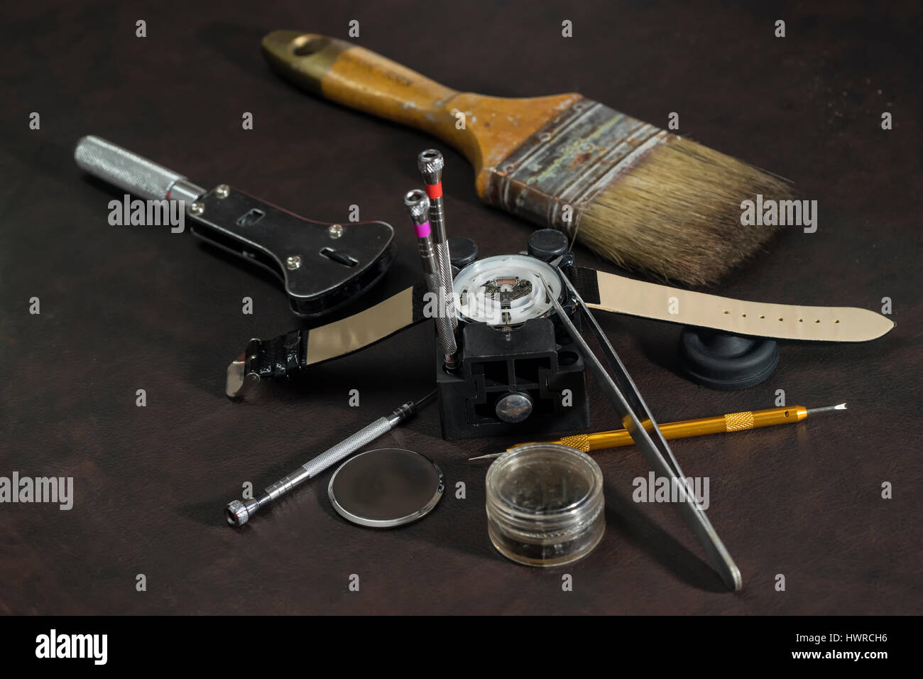 watch repair and watchmaker tools on table can use to display or