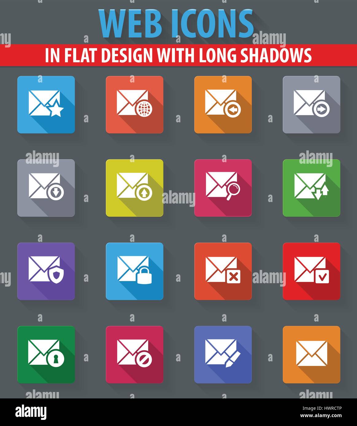 Mail and envelope web icons in flat design with long shadows Stock ...