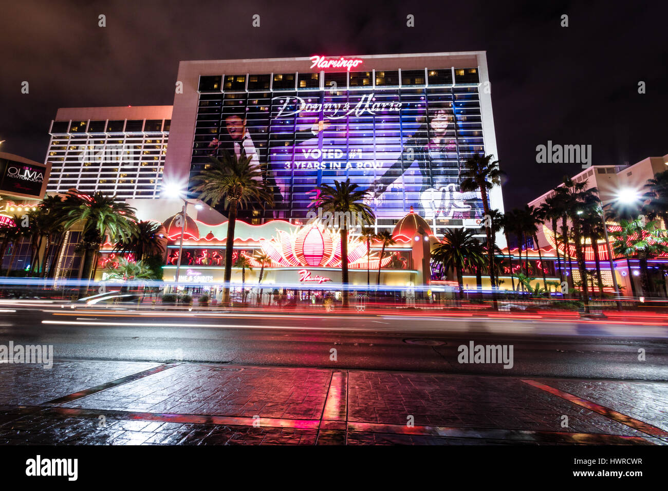 Las Vegas Strip and Flamingo Hotel Casino at night - Las Vegas, Nevada, USA Stock Photo