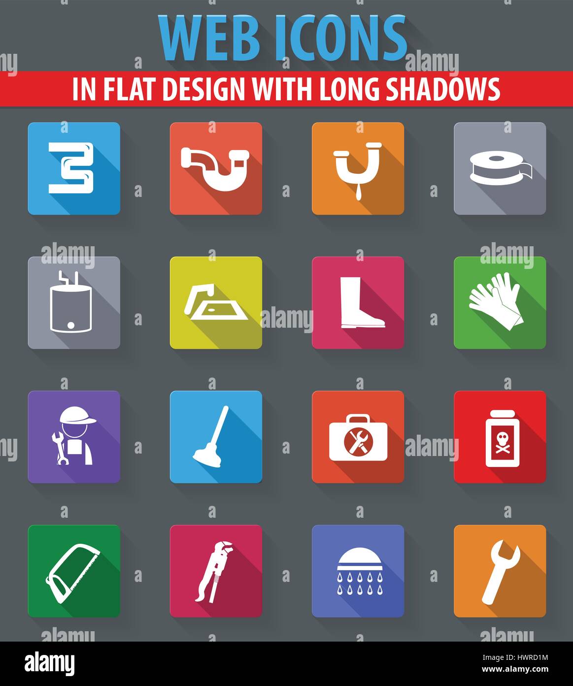 Plumbing web icons in flat design with long shadows Stock Vector Image ...