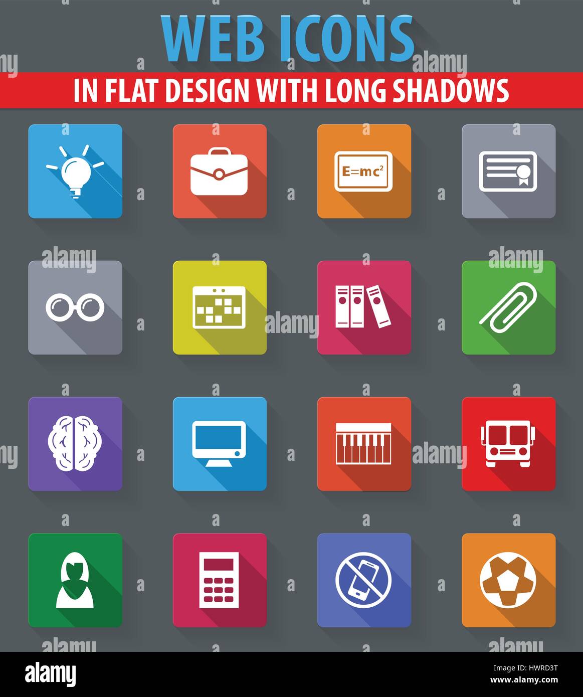 School web icons in flat design with long shadows Stock Vector