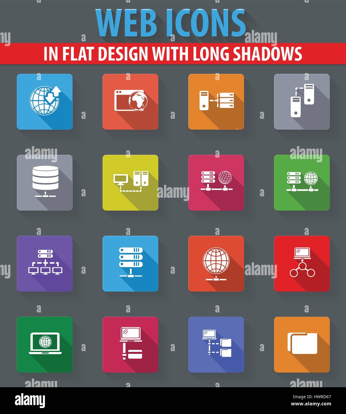 Internet, server, network web icons in flat design with long shadows ...