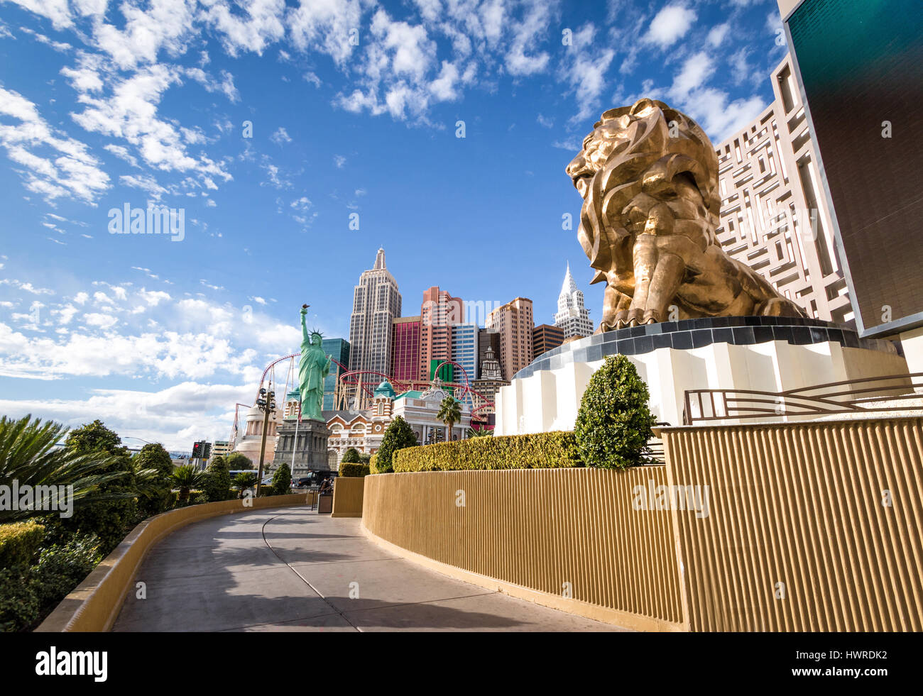 Las Vegas Strip, MGM Grand Lion and New York New York Hotel and Casino - Las Vegas, Nevada, USA Stock Photo