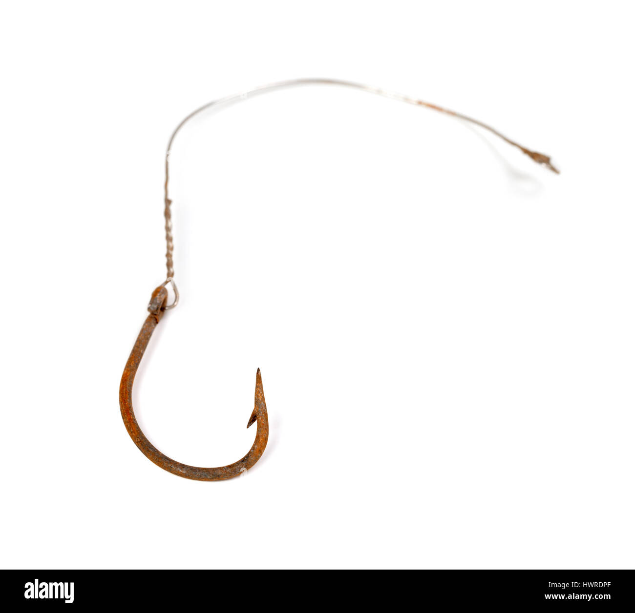Old rusty fishhook isolated on white background. Selective focus