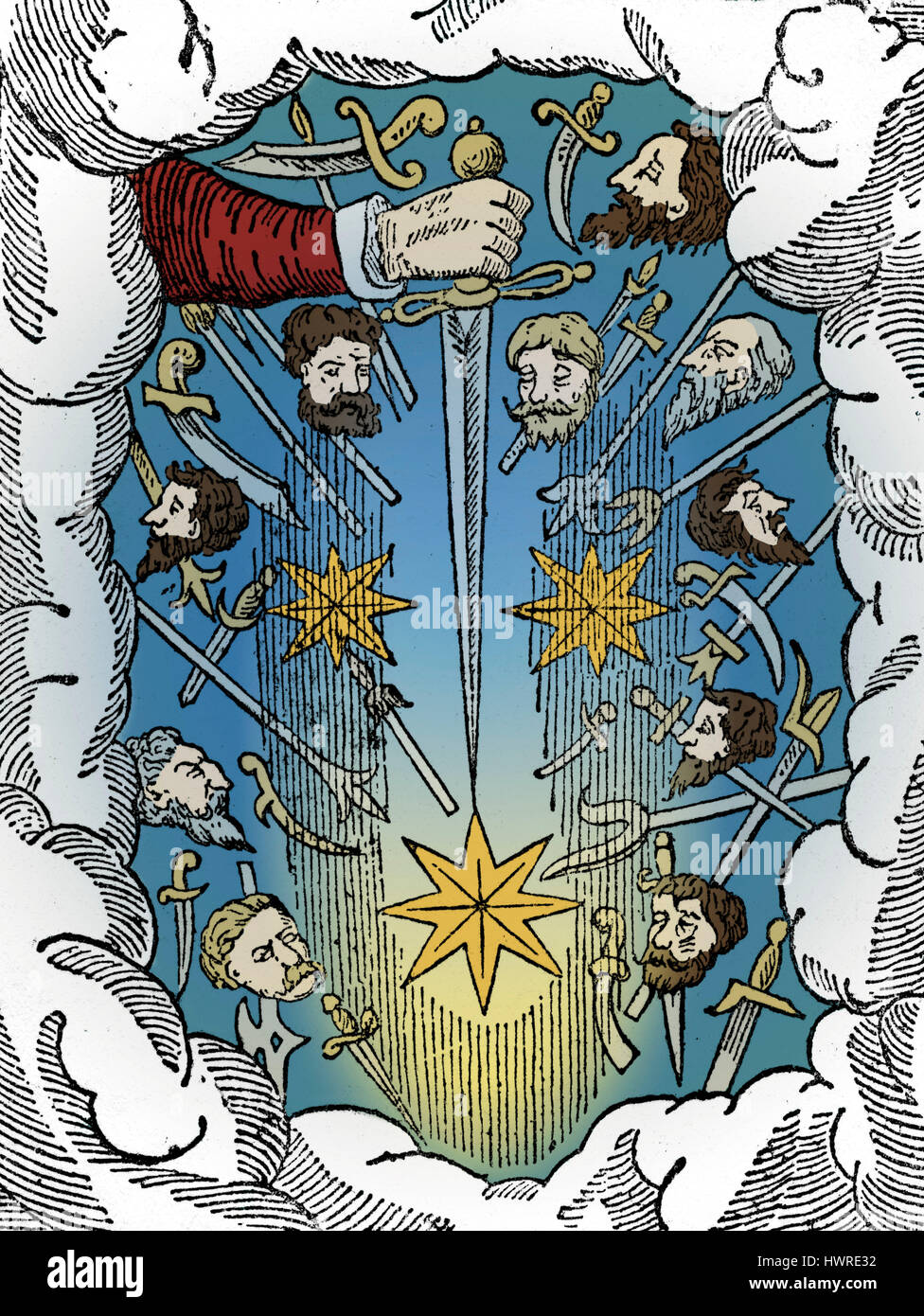Comet, 1528. The fearful Comet of 1528, accompanied by a cloud of swords, daggers, halberds, and decapitated heads. Woodcut from Ambroise Pare's 'Livres de ...