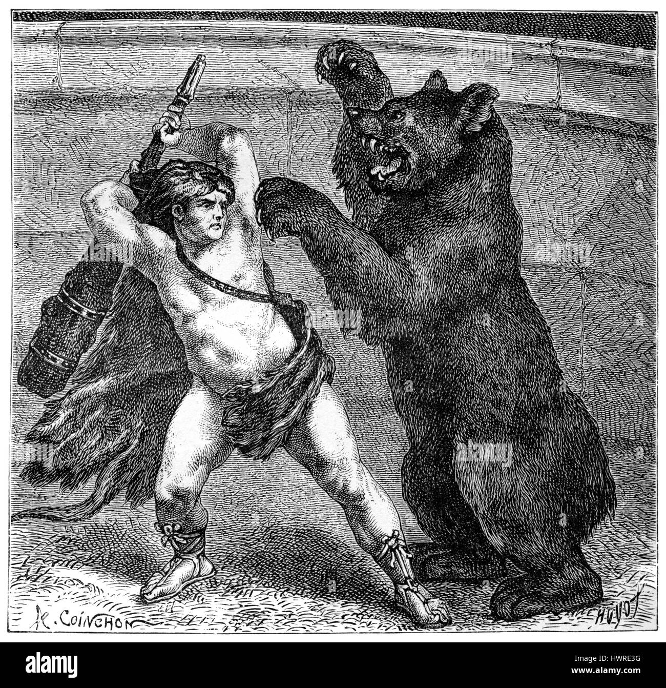 Roman Circus. Empero   Lucius Aurelius Commodus  in his personna as Hercules fights a  bea with a heavy weaponr. Stock Photo