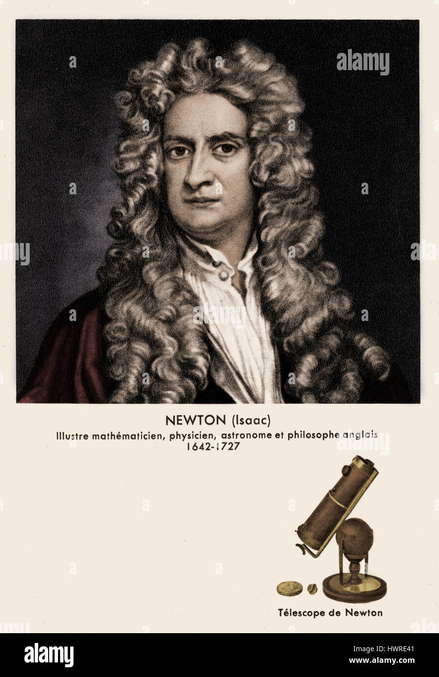 Isaac Newton, portrait. English mathematician, physicist, astronomer and philosopher, 25 December 1642 - 20 March 1727 - Newton 's telescope also shown. Stock Photo