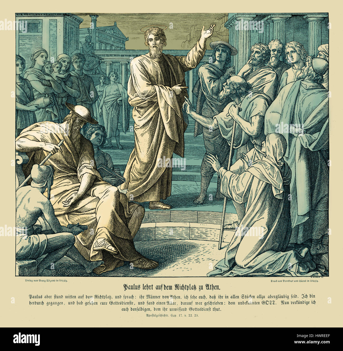 Paul preaches in Athens, Acts chapter XVII verses 22 - 23 'Then Paul stood in the midst of Mars' hill, and said, Ye men of Athens, I perceive that in all things ye are too superstitious. For as I passed by, and beheld your devotions, I found an altar with this inscription, TO THE UNKNOWN GOD. Whom therefore ye ignorantly worship, him declare I unto you.' 1852-60 illustration by Julius Schnorr von Carolsfeld Stock Photo