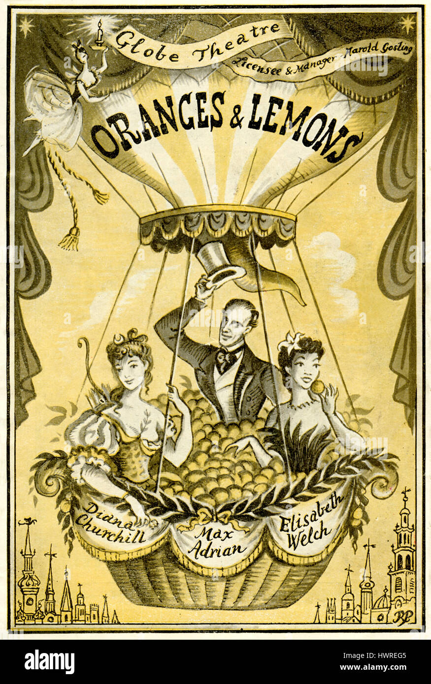 Oranges and lemons  programme cover An intimate revue devised and directed by Laurier Lister At Globe Theatre, Shaftsbury Avenue, London with Diana Churchill and Max Adrian and Elisabeth Welch. 14 April 1949. Presneted by Tennent Productions in association with the Arts Council of Great Britain. Stock Photo