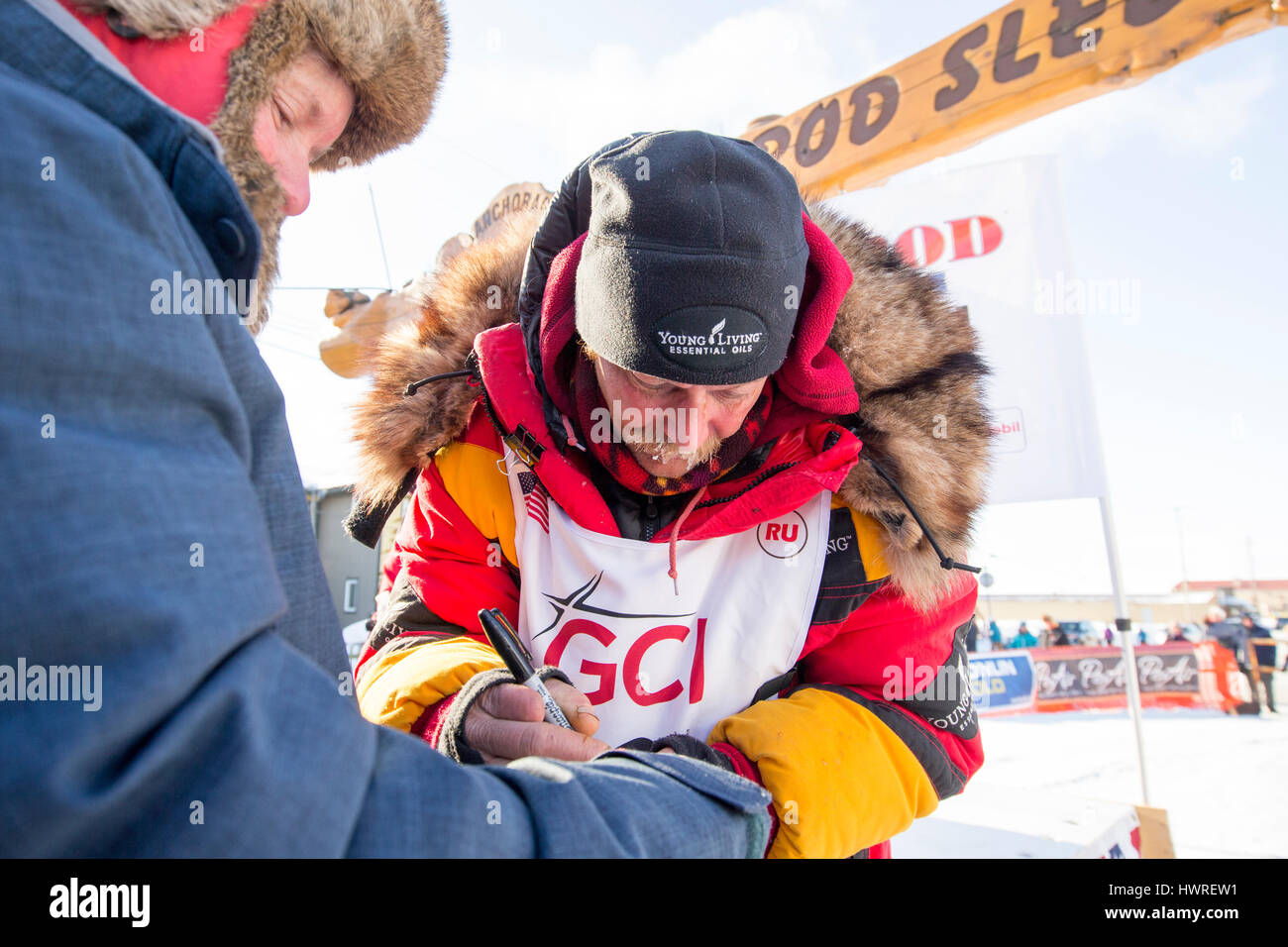 The winner of the 2017 Iditarod sled dog race arriving in Nome Alaska March 14th 2017 in a record breaking time. Stock Photo