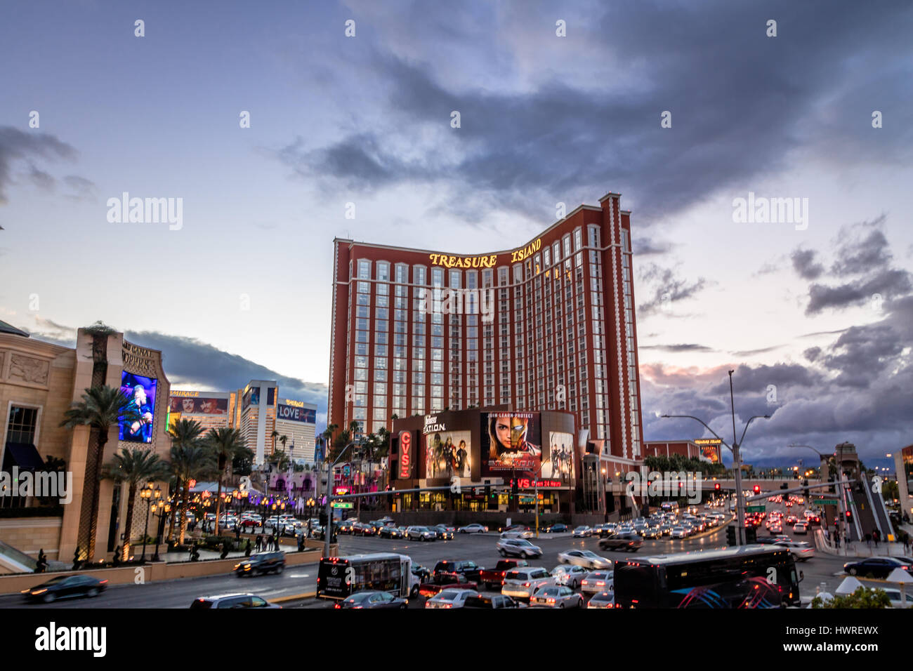 Treasure Island Hotel and Casino facade at sunset - Las Vegas, Nevada, USA Stock Photo