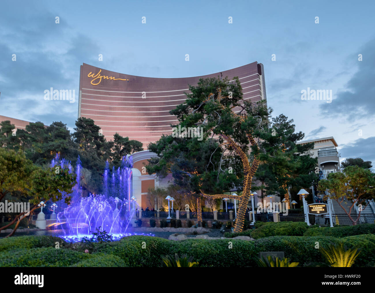 Fountains in front of Wynn Hotel and Casino at sunset - Las Vegas, Nevada, USA Stock Photo