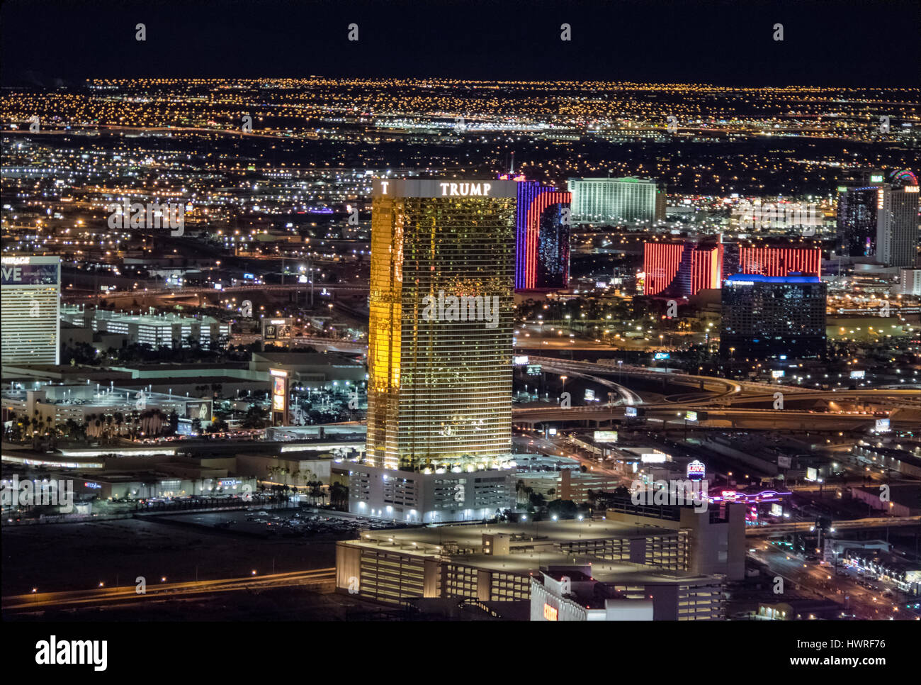 Aerial view of the Trump Hotel at night - Las Vegas, Nevada, USA Stock Photo