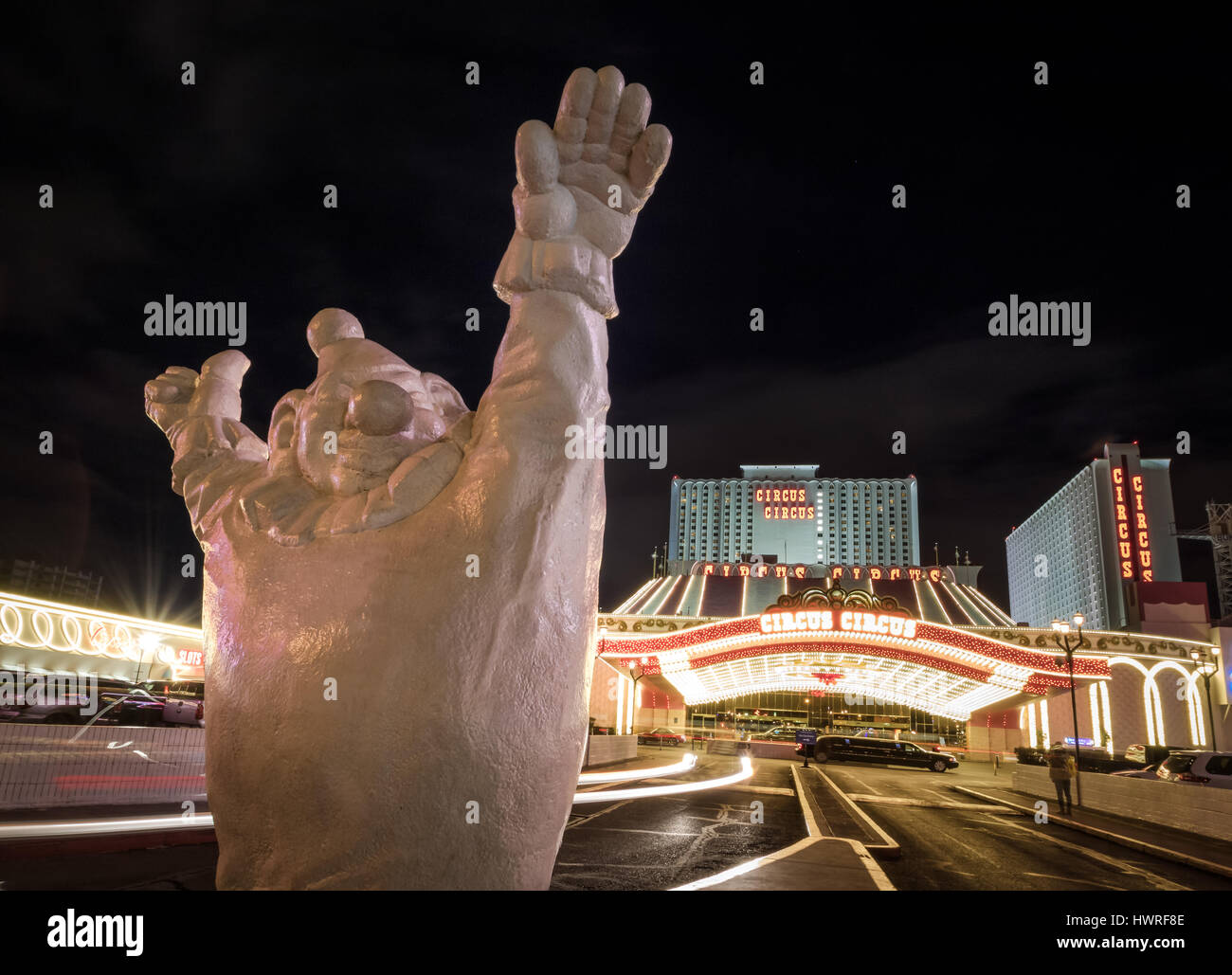 Clown at Circus Circus Hotel and Casino entrance at night - Las Vegas, Nevada, USA Stock Photo
