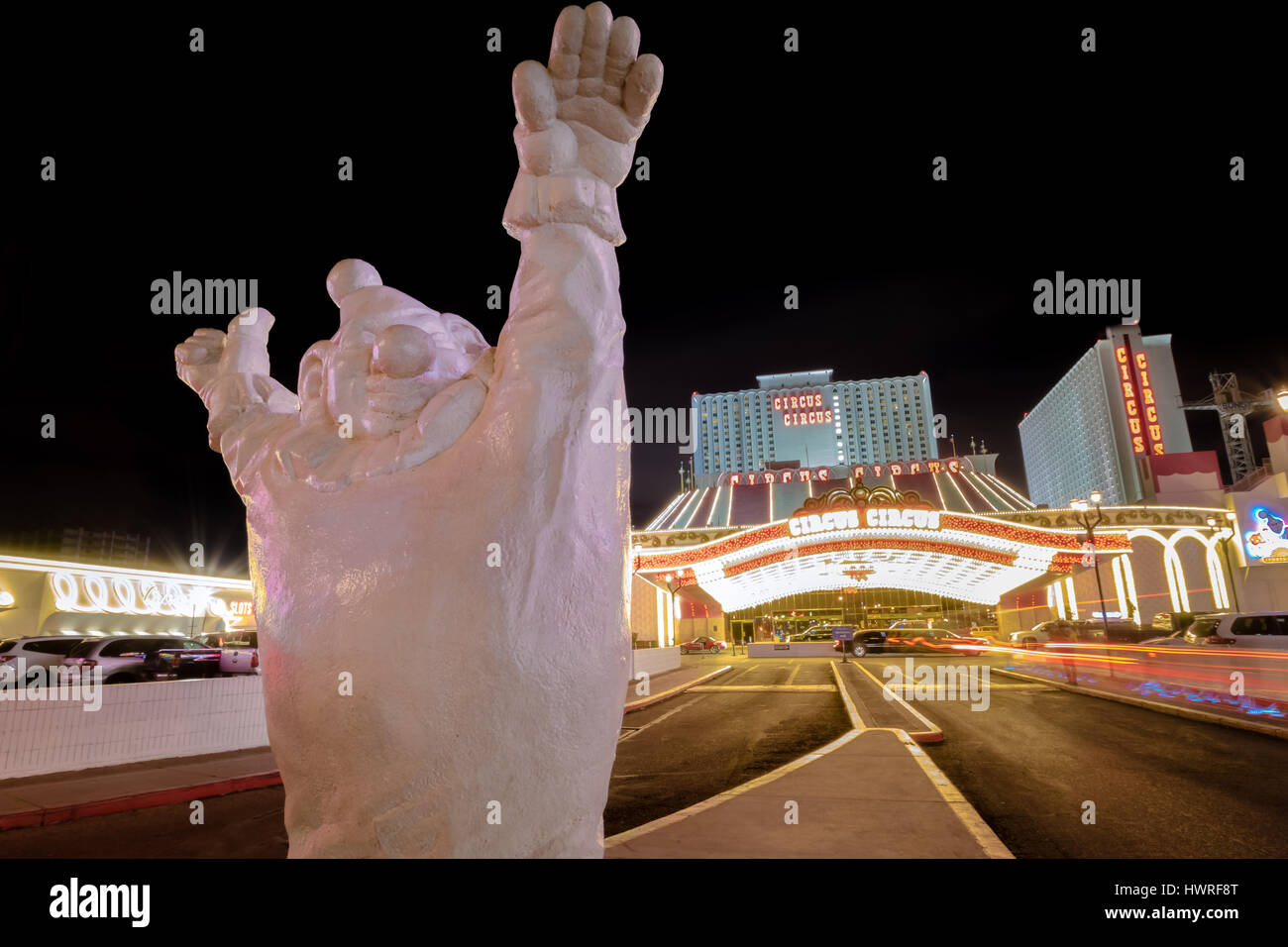 Clown at Circus Circus Hotel and Casino entrance at night - Las Vegas, Nevada, USA Stock Photo
