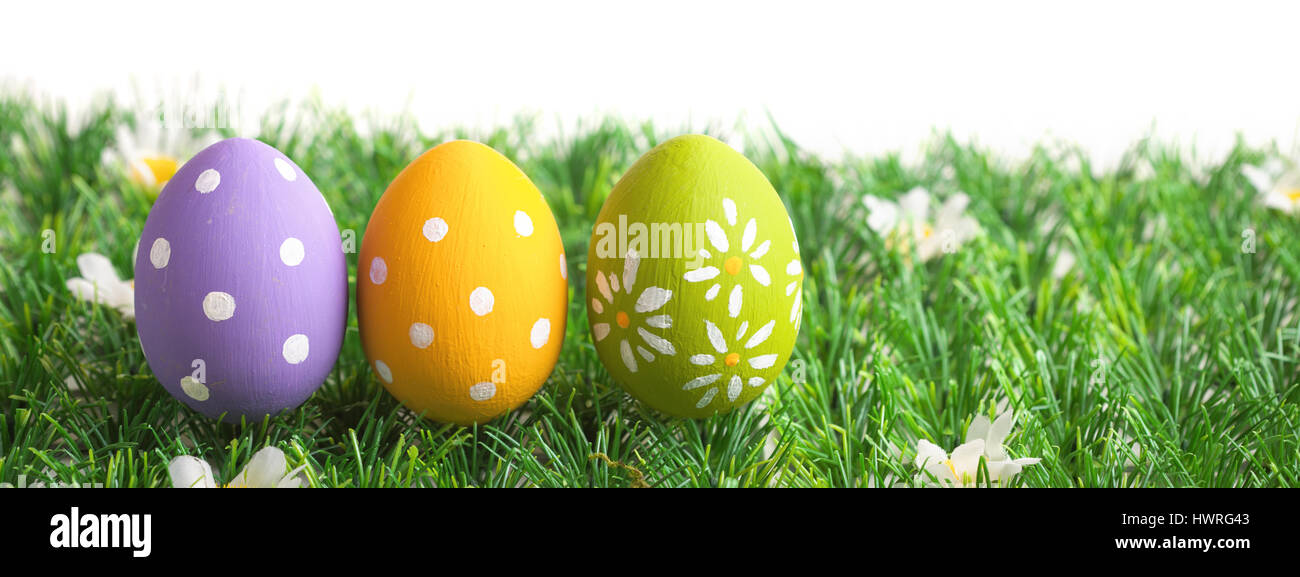 Bunch of easter eggs in pastel colors on grass, isolated on white background Stock Photo