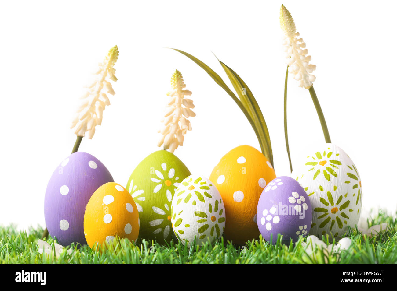 Colorful eggs and green grass on white background Stock Photo