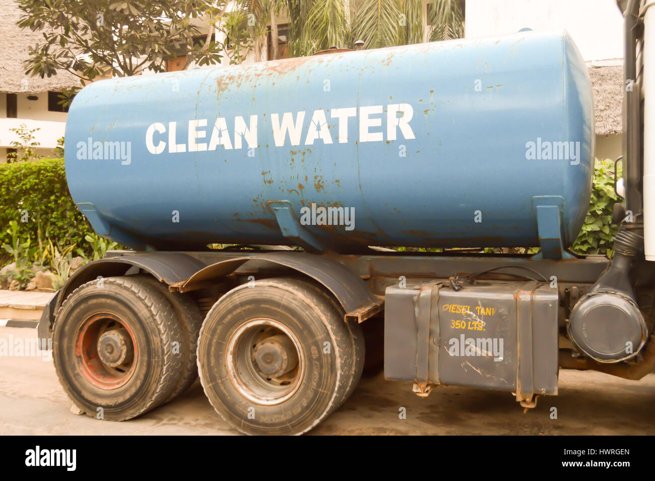 Blue water tank for drinking water in a hotel in Mombasa, Kenya Stock Photo