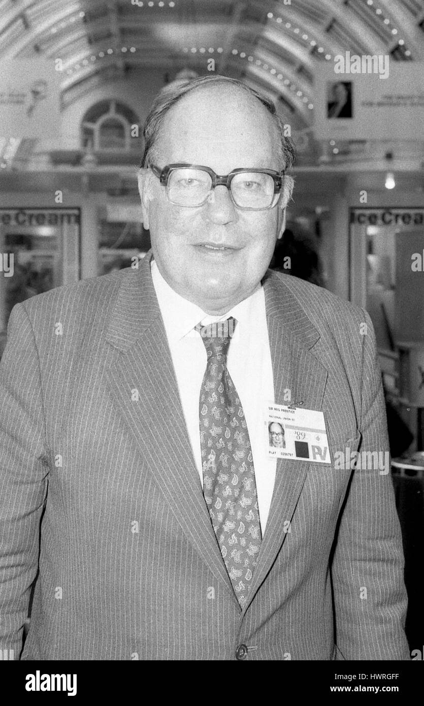 Rt. Hon. Sir Reginald Prentice, former Conservative party Member of Parliament for Daventry and former Labour party Member of Parliament for Newham North East, attends the Conservative party conference in Blackpool, England on October 10, 1989. He defected from the Labour party to the Conservatives in 1977. Stock Photo