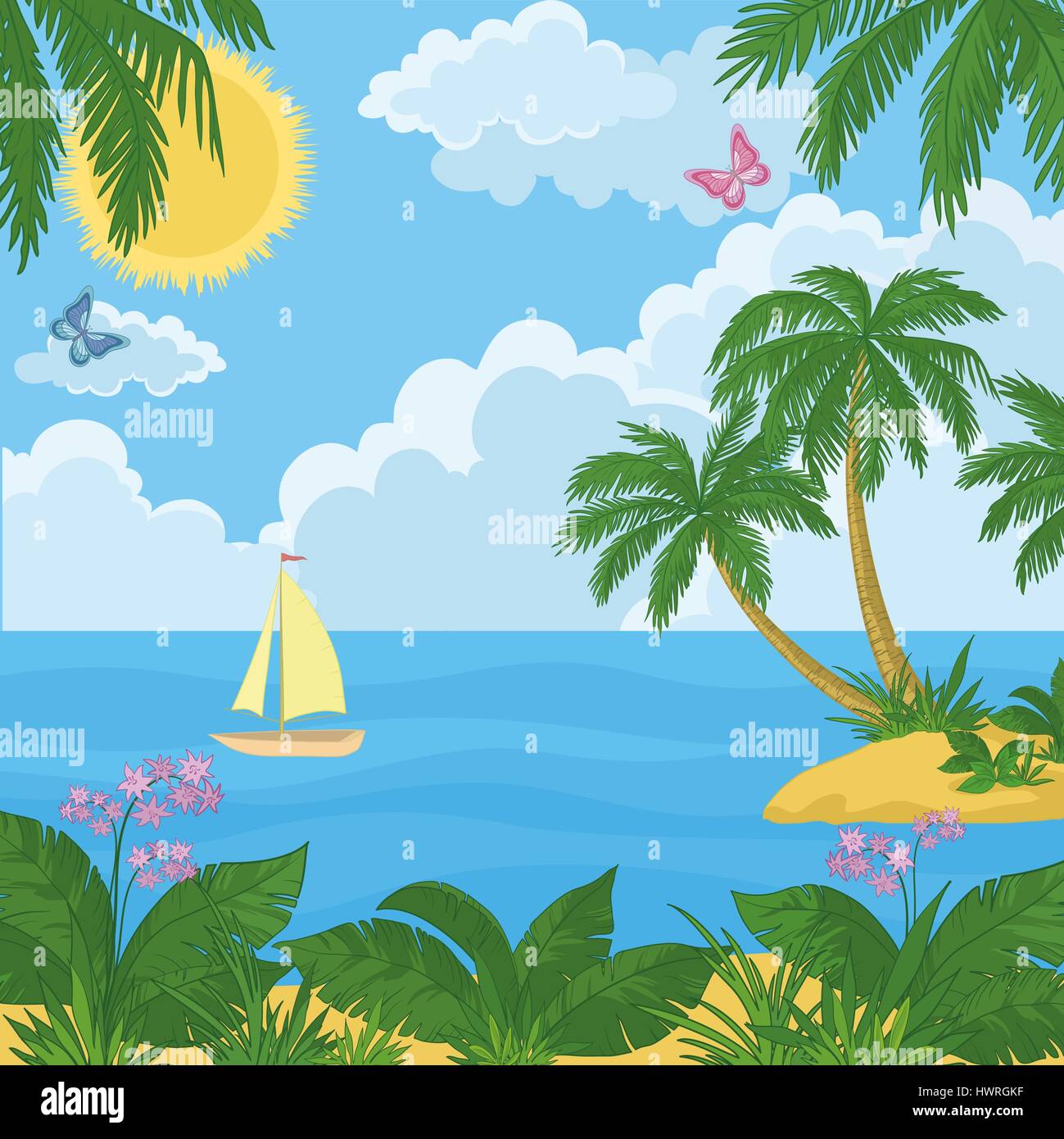 Tropical Sea Landscape with Palms and Ship Stock Vector Image & Art - Alamy