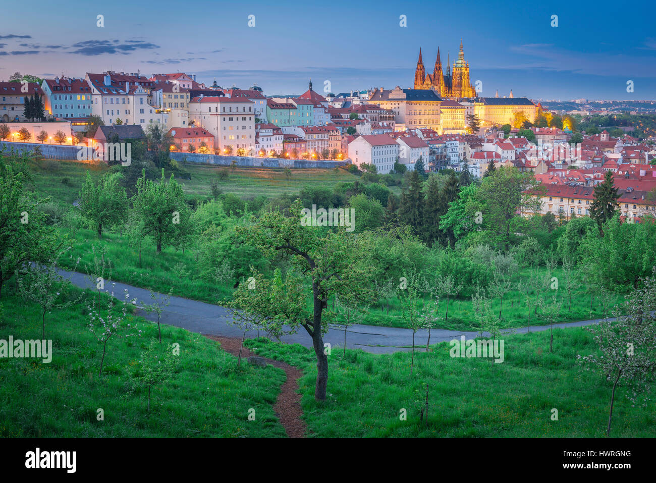 Prague Petrin Hill cityscape, view of the Hradcany district at dusk from the top of Petrin Hill, Prague, Czech Republic, Europe. Stock Photo