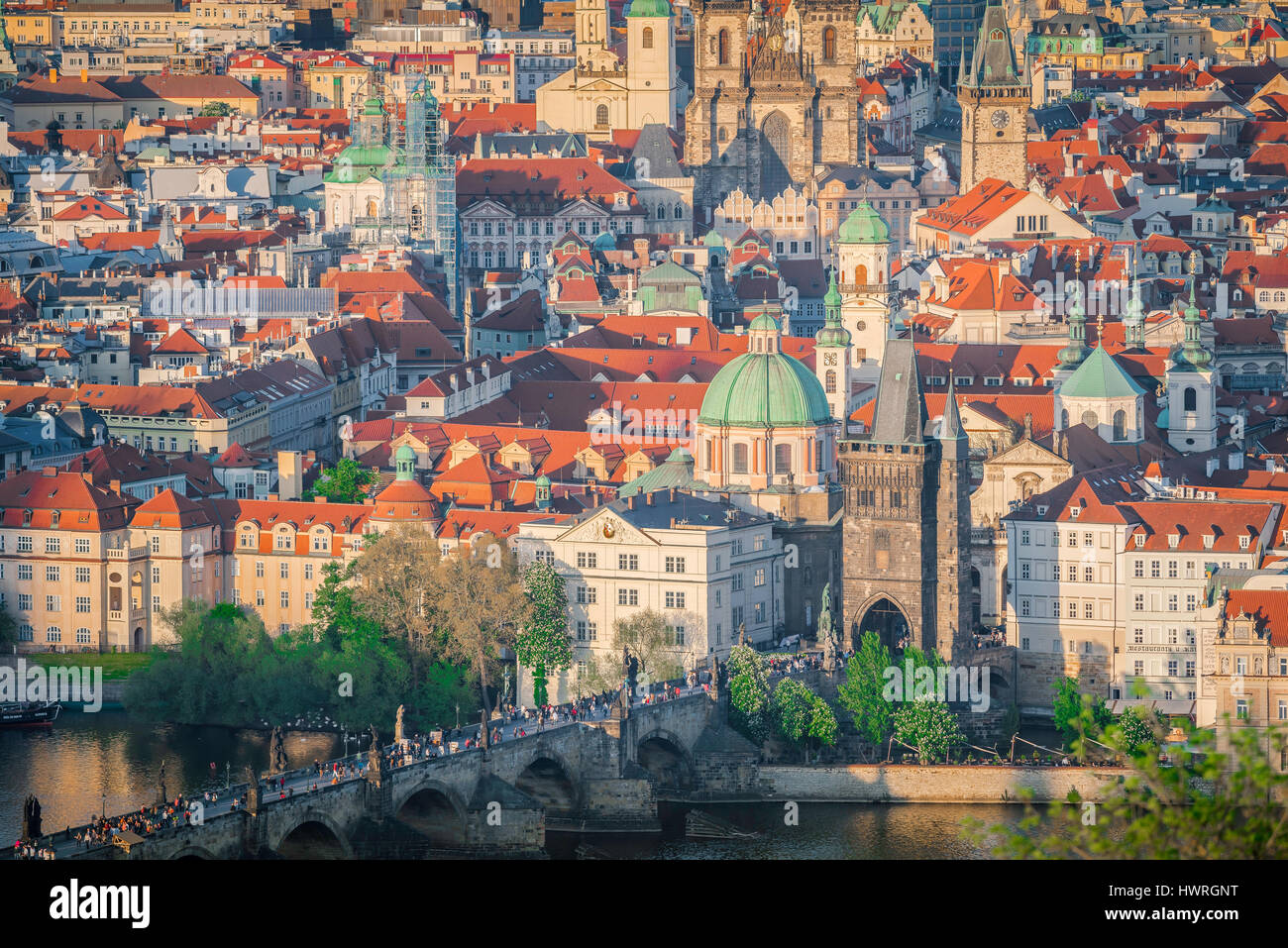 Stare Mesto Prague, aerial city view east across the River Vltava towards the Stare Mesto, the Old Town district, in the centre of Prague, Czech Rep. Stock Photo