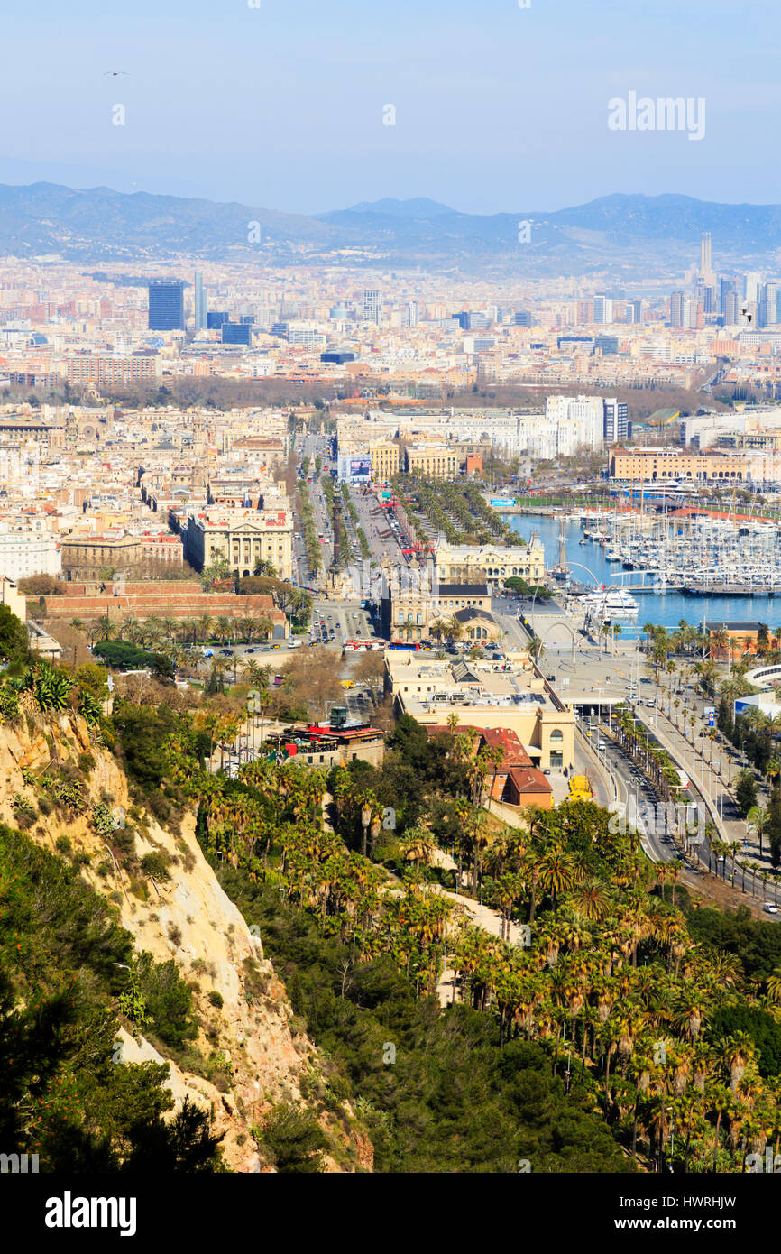 View from Montjuic over Port Vell and the city of Barcelona, Catalunya, Spain Stock Photo