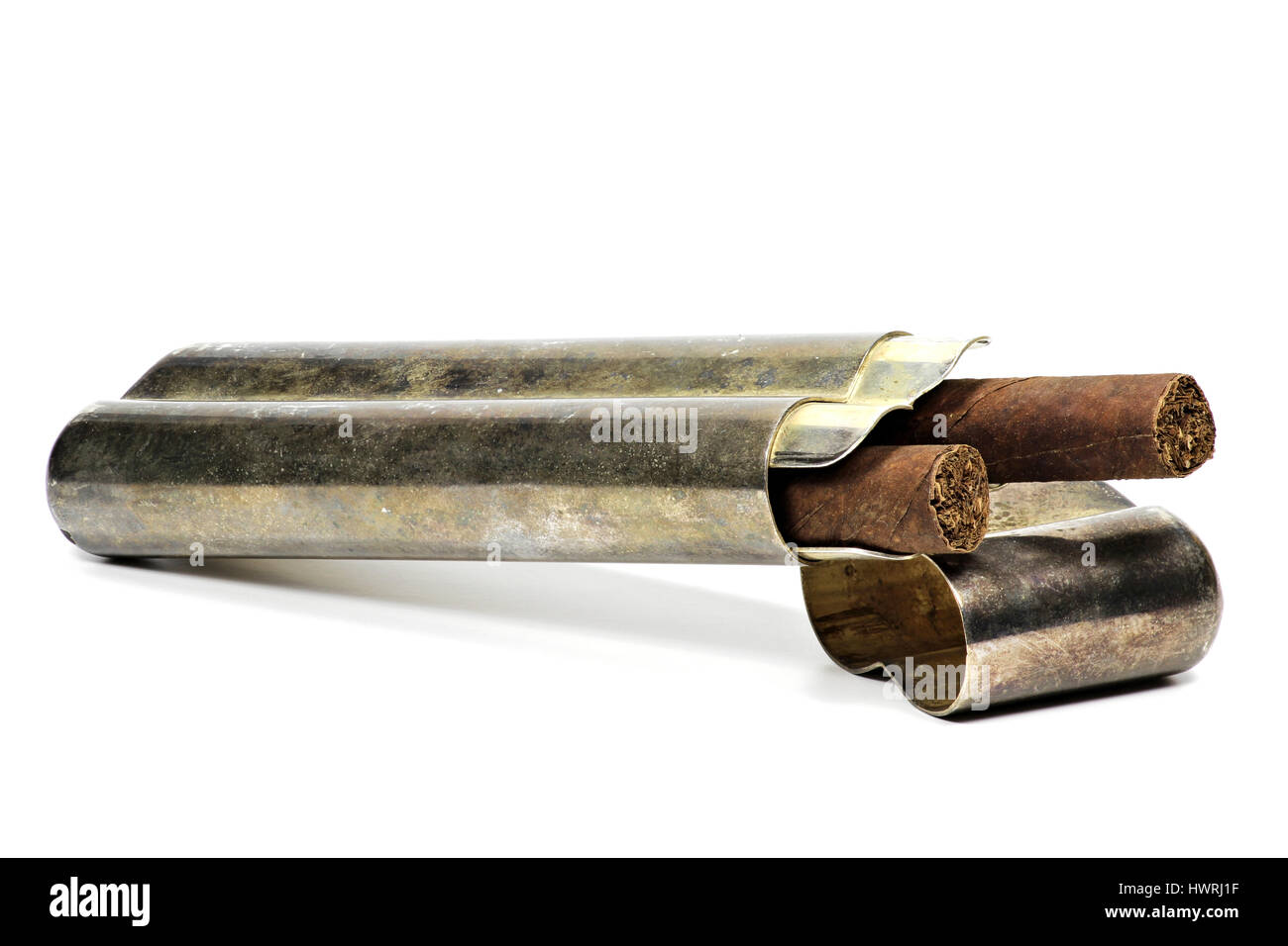 cigars in silver case isolated on white background Stock Photo