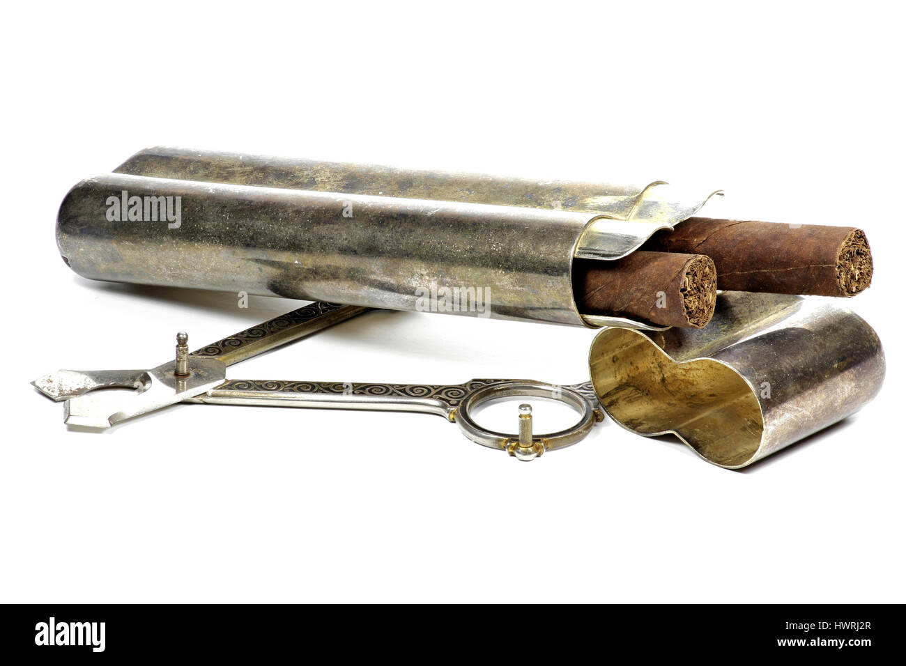 cigars in silver case with scissors isolated on white background Stock Photo