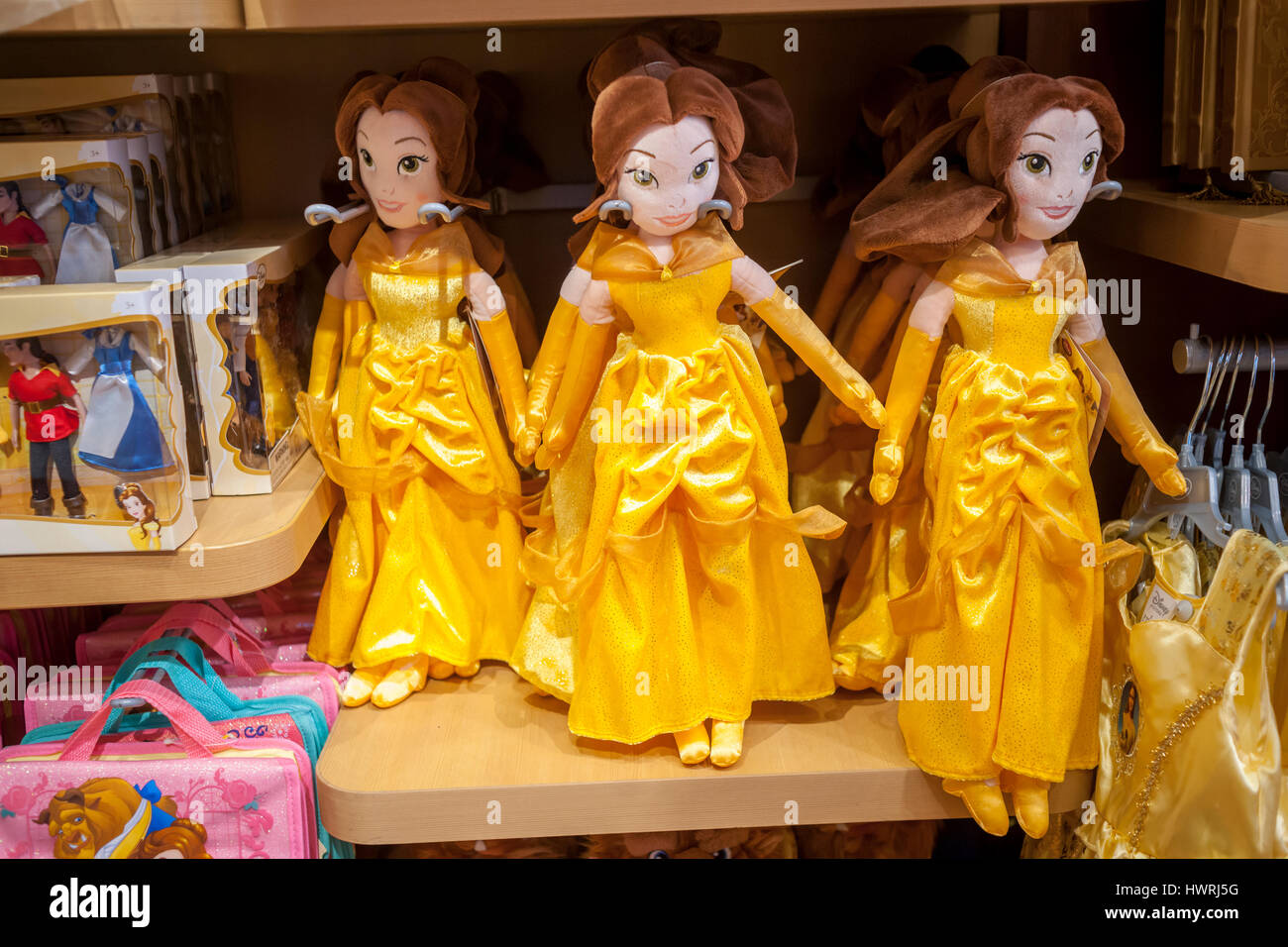 The Disney Store in Times Square in New York promotes merchandise tied to its latest release, 'Beauty and the Beast', seen on the film's opening day, Friday, March 17, 2017. Projections from Friday ticket sales have 'Beauty and the Beast' doing a box office of $165-175 million domestically over the weekend. The film is playing in 4,210 theaters. (© Richard B. Levine) Stock Photo