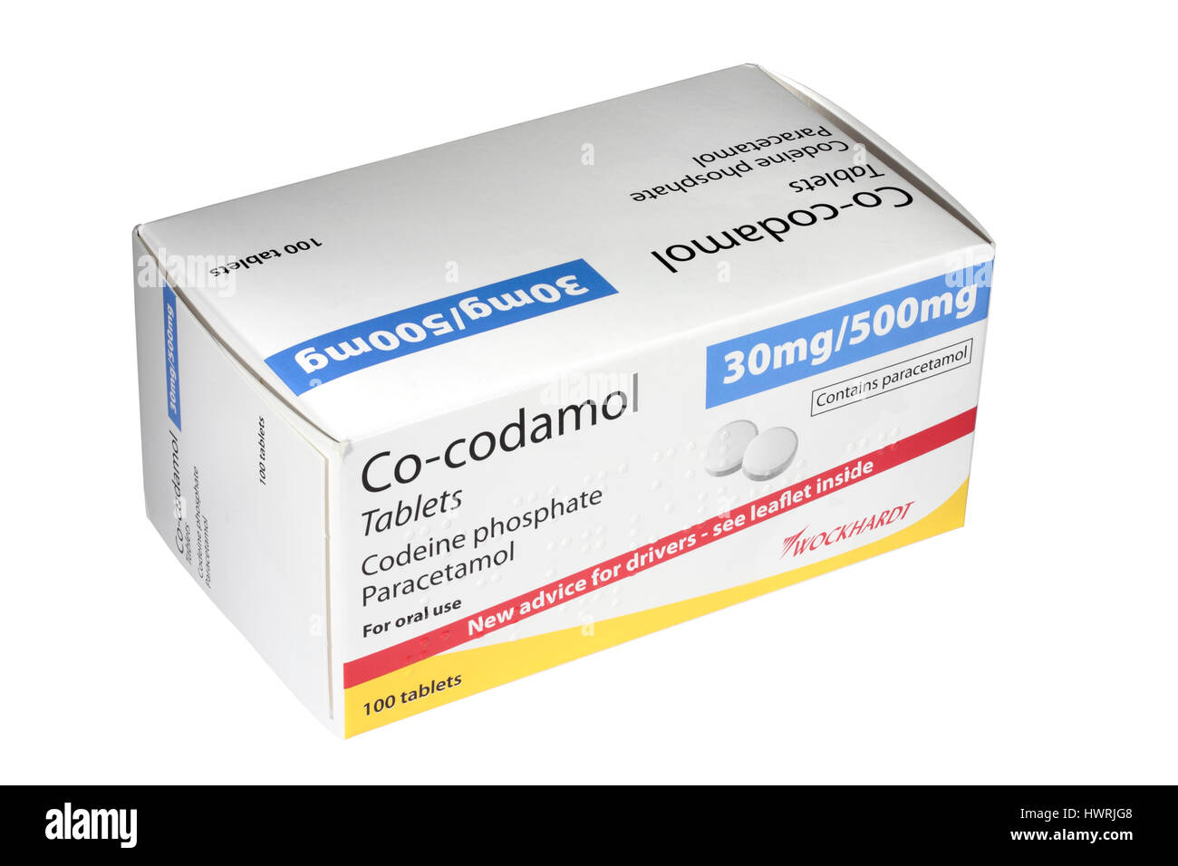 A box of 100 Co-Codamol 30mg/500mg Codeine Phosphate / Paracetamol tablets isolated on a white background Stock Photo