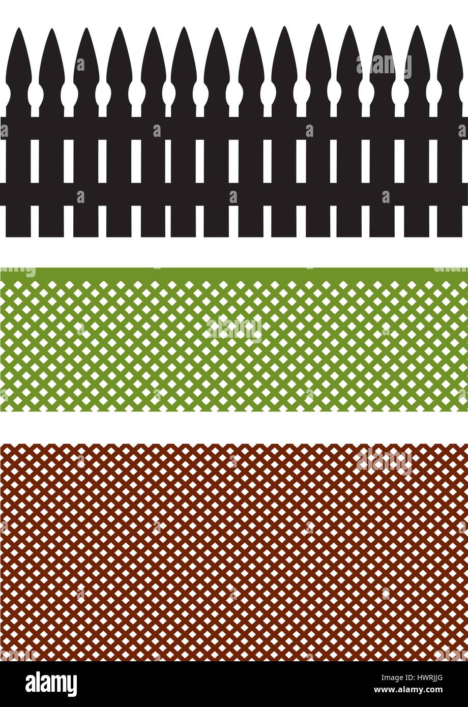 a set of three different fences black green and brown Stock Vector