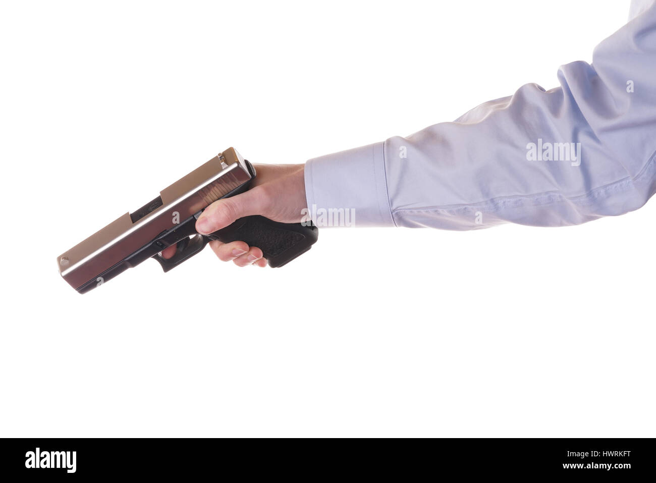 Stock Photo Hand and arm holding gun isolated on white Stock Photo