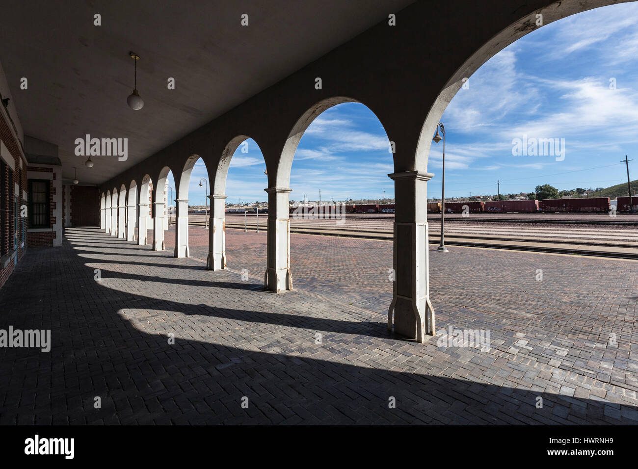 Barstow, California, USA - March 11, 2017:  View behind the arches at the historic Barstow Harvey House Train Station in the Mojave Desert. Stock Photo