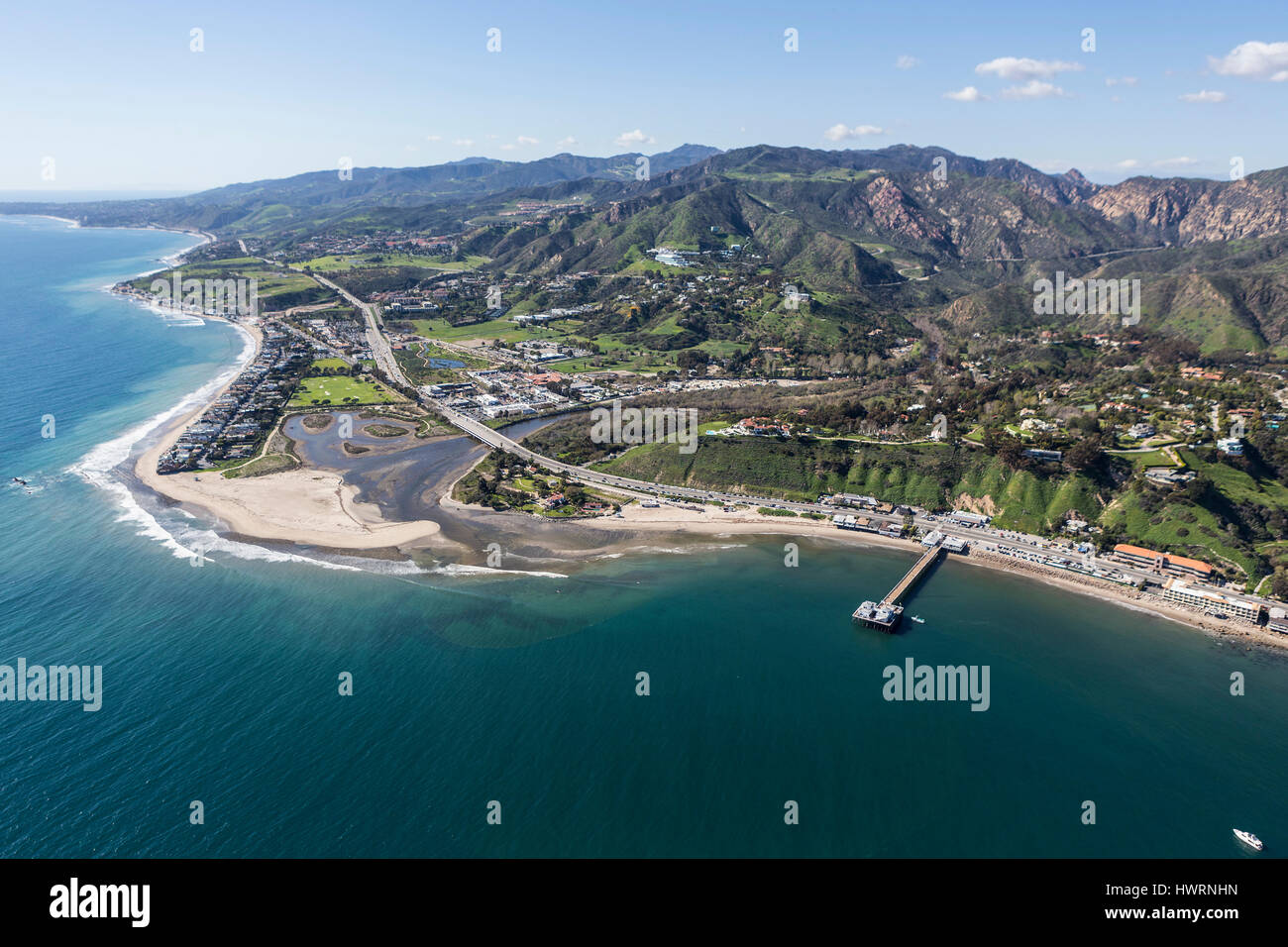 Aerial view of Malibu Pier and Surfrider Beach near Los Angeles