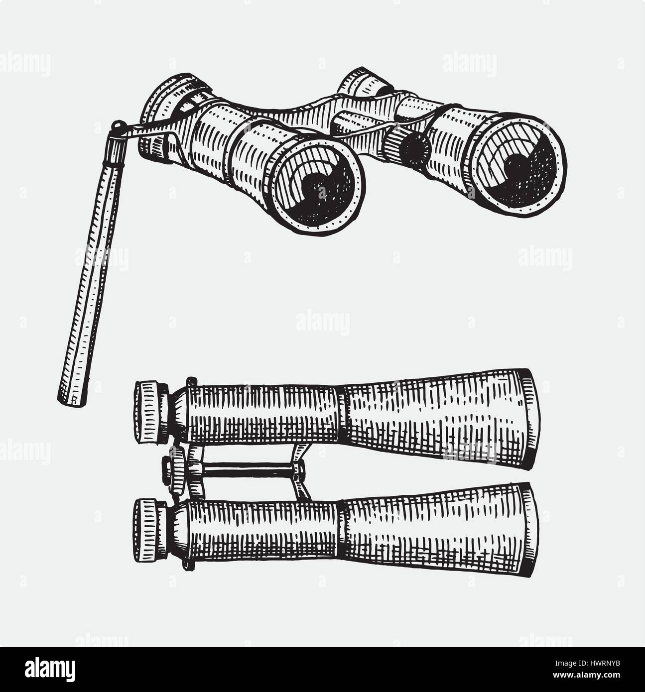 Binocular monocular vintage, engraved hand drawn in sketch or wood cut