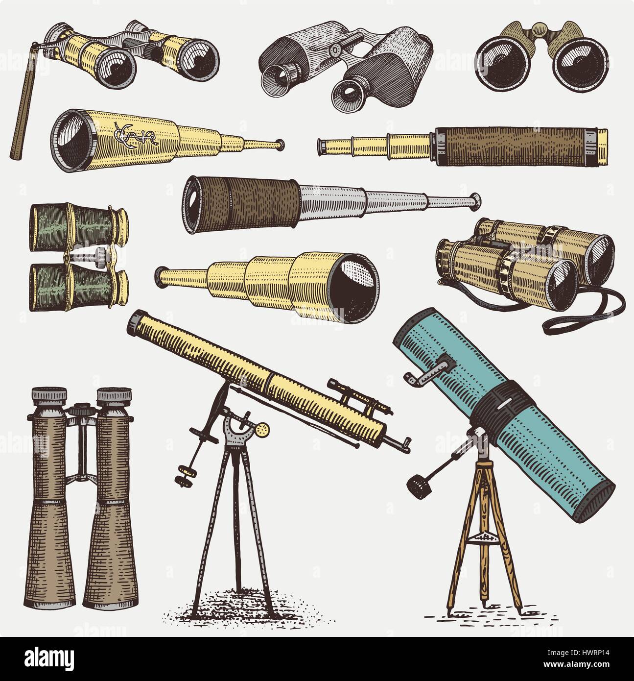 set of astronomical instruments, telescopes oculars and binoculars,  quadrant, sextant engraved in vintage hand drawn or wood cut style , old  sketch glasses Stock Vector Image & Art - Alamy