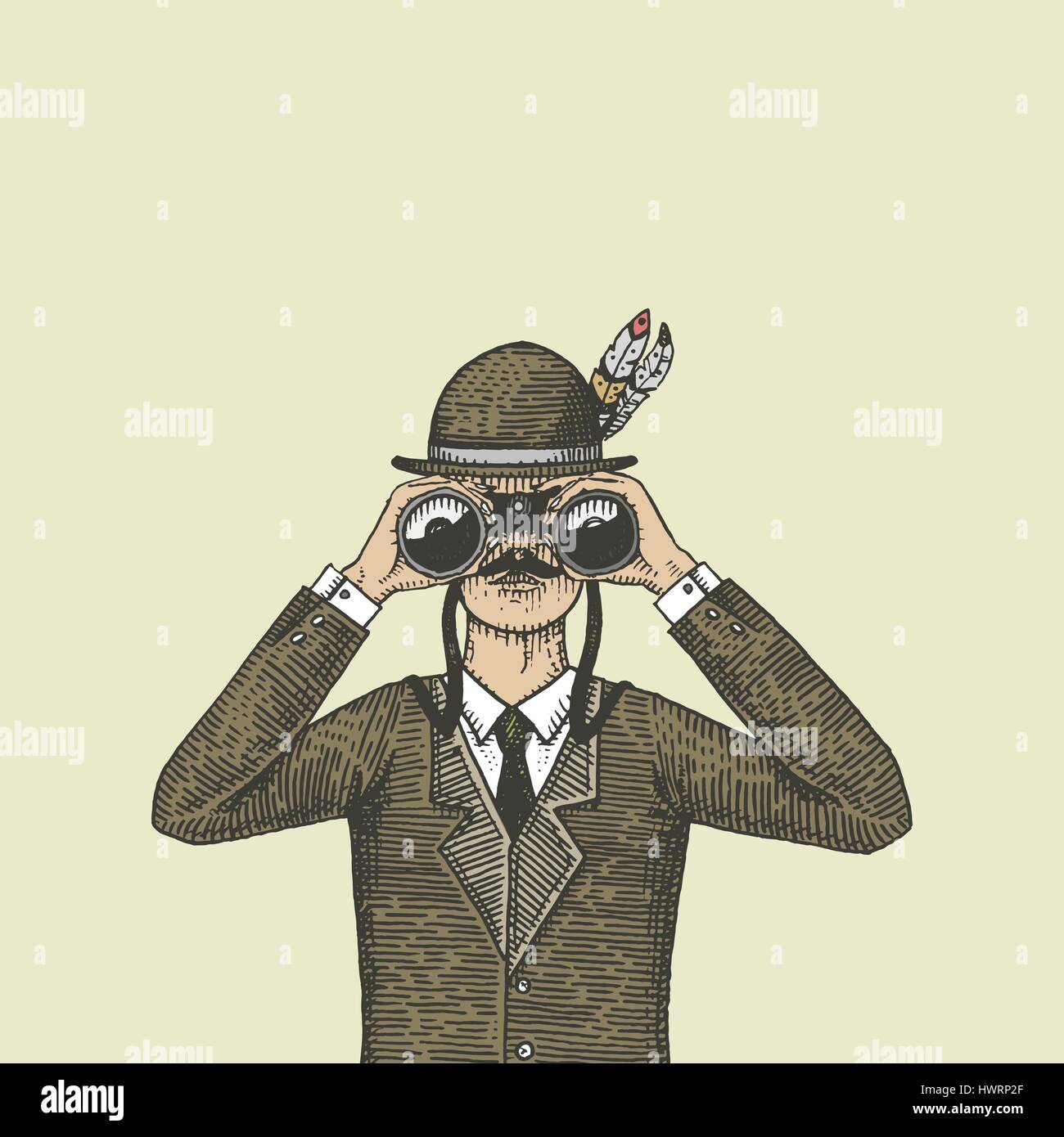 Man in costume looking through the binoculars, spyglass vintage old engraved or hand drawn illustration. Hunter, ornitologist, scientist in wood cut or sketch style. Stock Vector