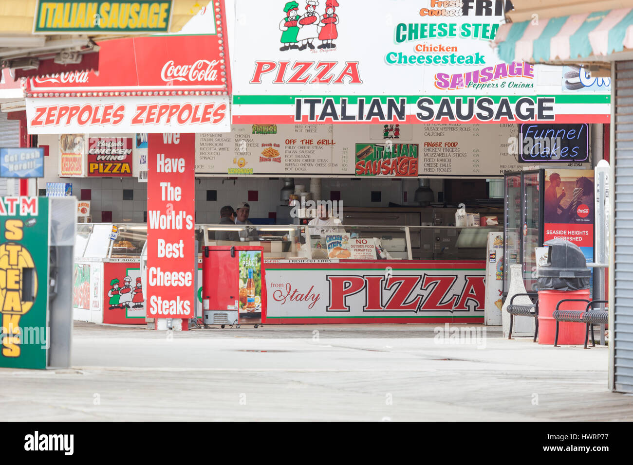 SEASIDE HEIGHTS, NEW JERSEY - March 21, 2017: Three Brothers from Italy is one of the only food stands open on the boardwalk in early spring Stock Photo