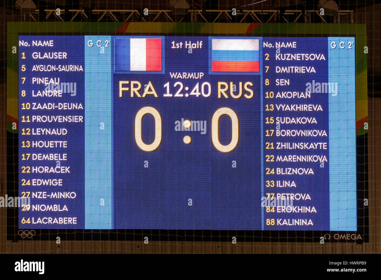 Rio de Janeiro, Brazil. 20 August 2016 Scoreboard for the women's handball gold medal match Russia vs. France at the 2016 Olympic Summer Games. ©Paul  Stock Photo