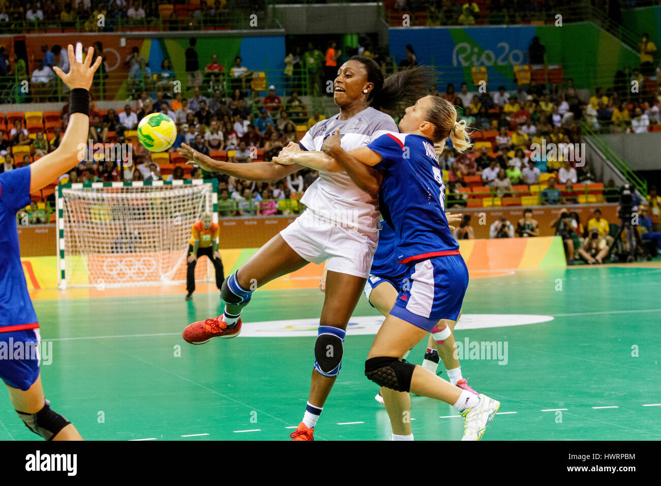 Rio de Janeiro, Brazil. 20 August 2016 Siraba Dembélé (FRA) #17 and Daria Dmitrieva (RUS) #7 competes in the women's handball gold medal match Russia  Stock Photo