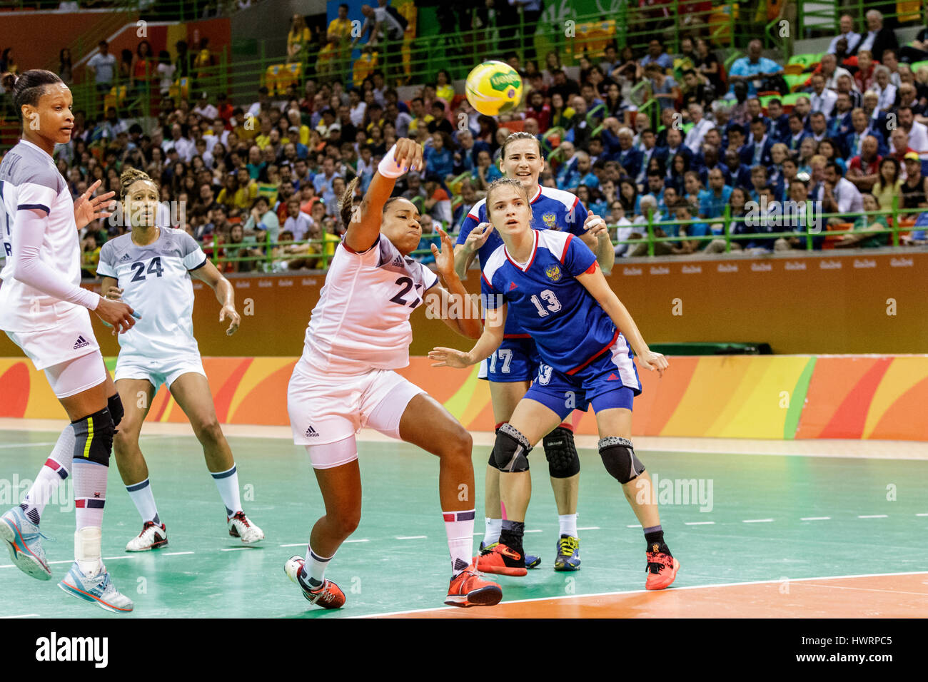 Rio de Janeiro, Brazil. 20 August 2016  Estelle Nze Minko (FRA) #27 and Anna Vyakhireva (RUS) #13 defending compete in the women's handball gold medal Stock Photo