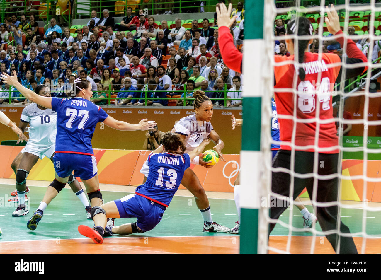 Rio de Janeiro, Brazil. 20 August 2016 Béatrice Edwige (FRA) #24 defended by Anna Vyakhireva (RUS) #13 in the women's handball gold medal match Russia Stock Photo