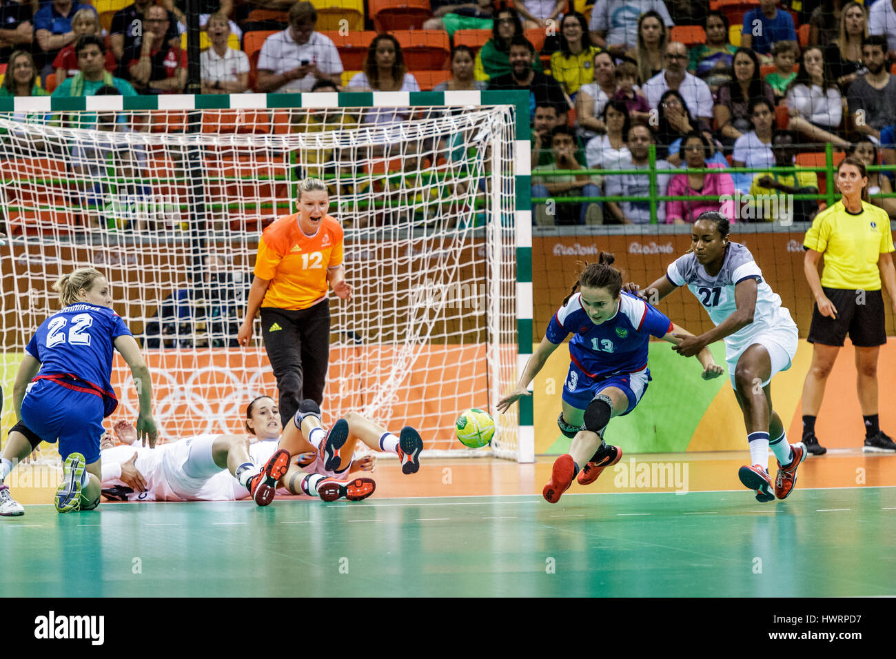 Rio de Janeiro, Brazil. 20 August 2016  Amandine Leynaud (FRA) goalie, Estelle Nze Minko (FRA) #27 and Anna Vyakhireva (RUS) #13 compete in the women' Stock Photo