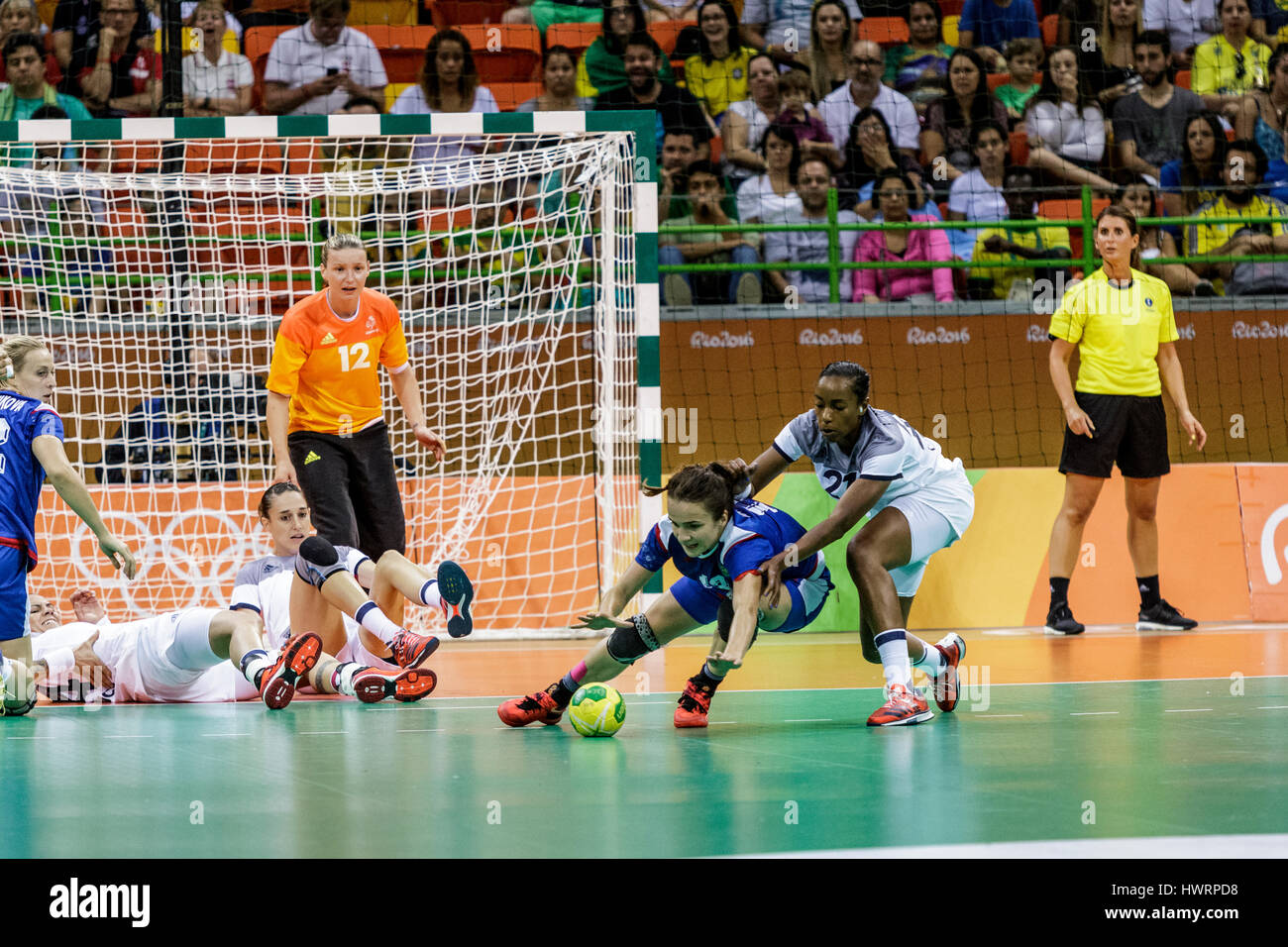 Rio de Janeiro, Brazil. 20 August 2016  Amandine Leynaud (FRA) goalie, Estelle Nze Minko (FRA) #27 and Anna Vyakhireva (RUS) #13 compete in the women' Stock Photo