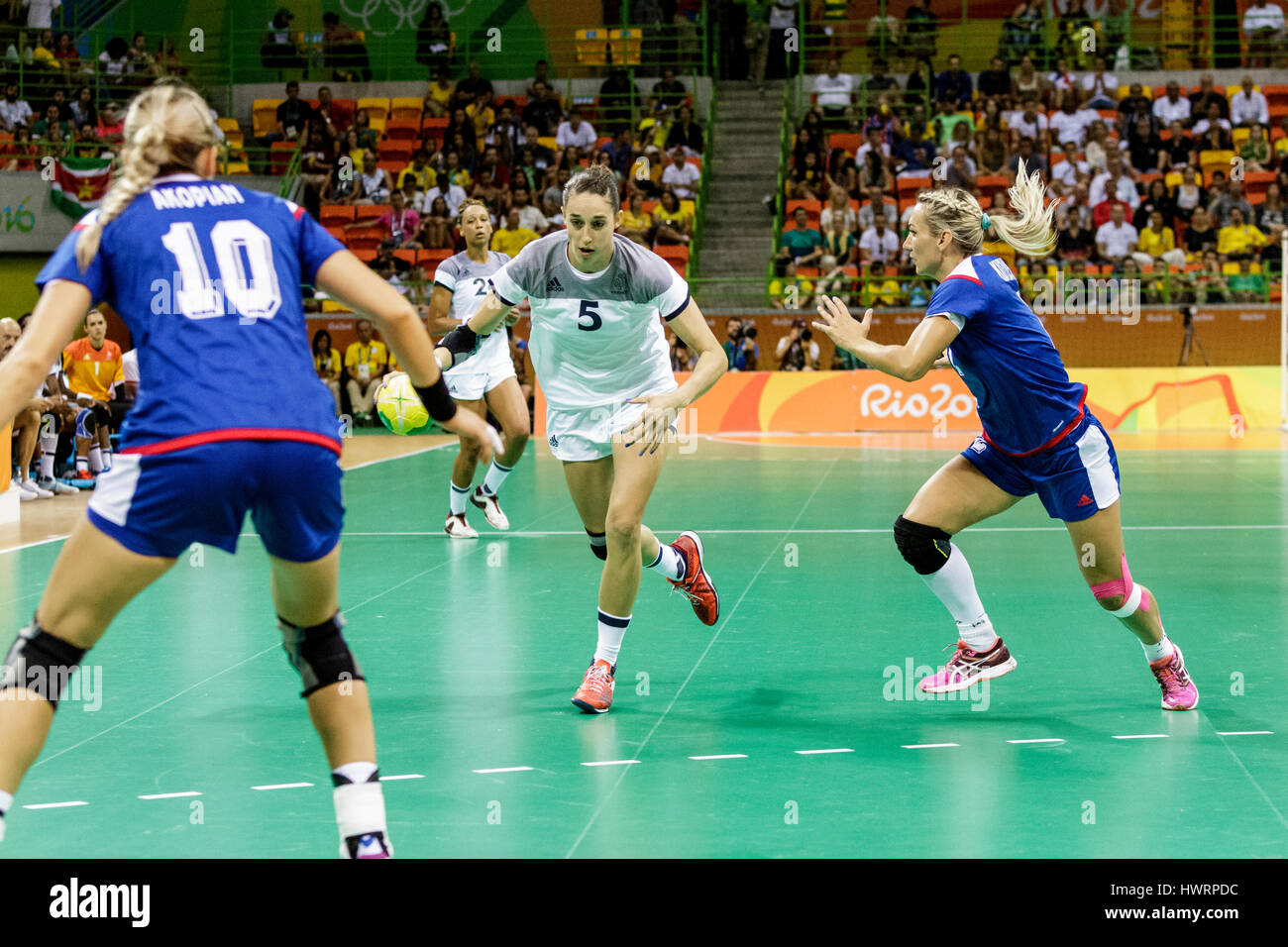 Rio de Janeiro, Brazil. 20 August 2016  Camille Ayglon-Saurina (FRA) #5 competes in the women's handball gold medal match Russia vs. France at the 201 Stock Photo