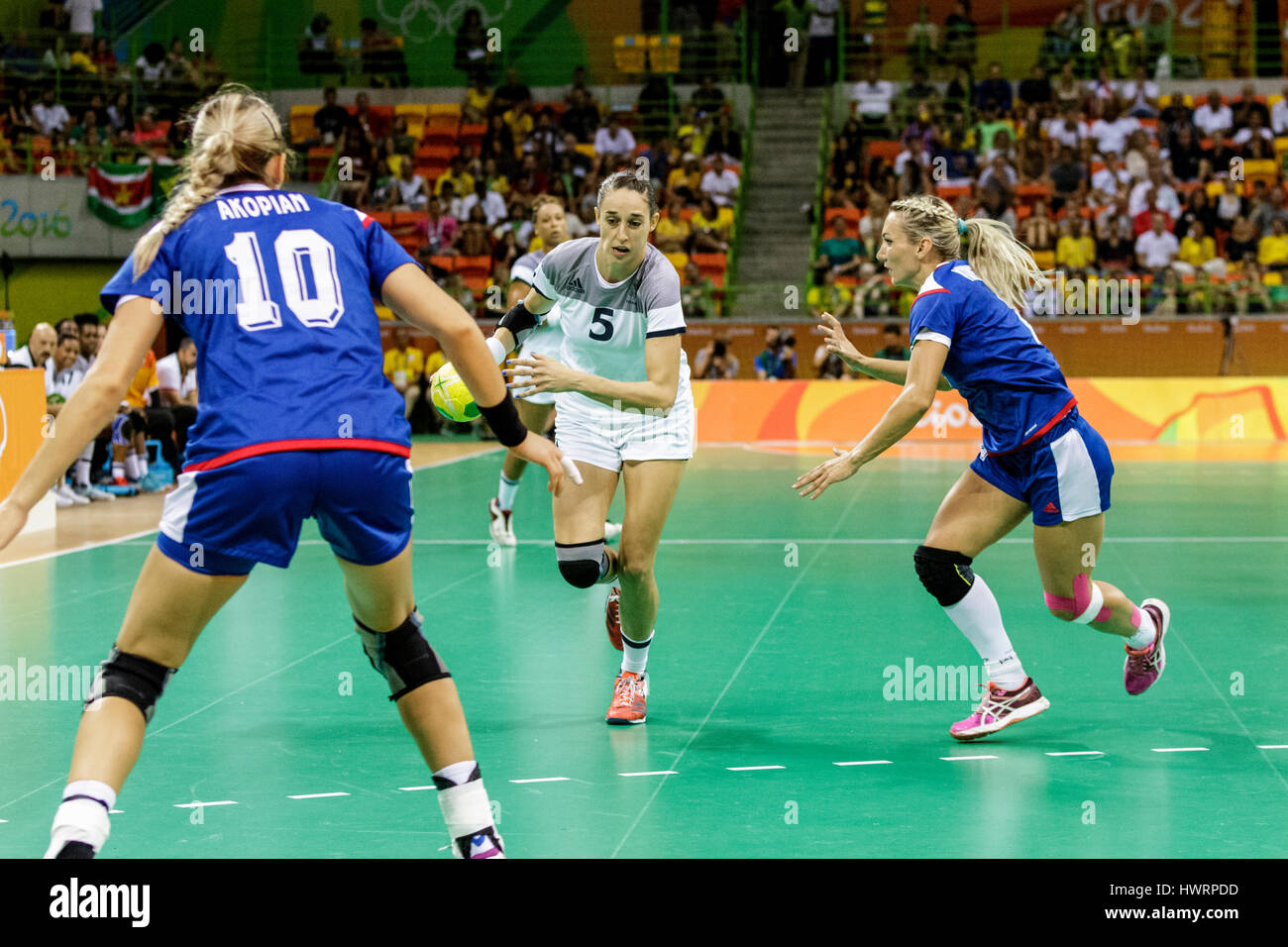 Rio de Janeiro, Brazil. 20 August 2016  Camille Ayglon-Saurina (FRA) #5 competes in the women's handball gold medal match Russia vs. France at the 201 Stock Photo