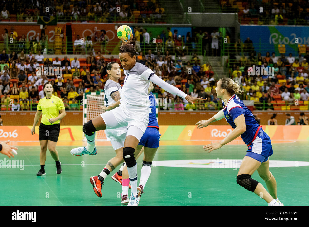 Rio de Janeiro, Brazil. 20 August 2016  Allison Pineau (FRA) #7 competes in the women's handball gold medal match Russia vs. France at the 2016 Olympi Stock Photo
