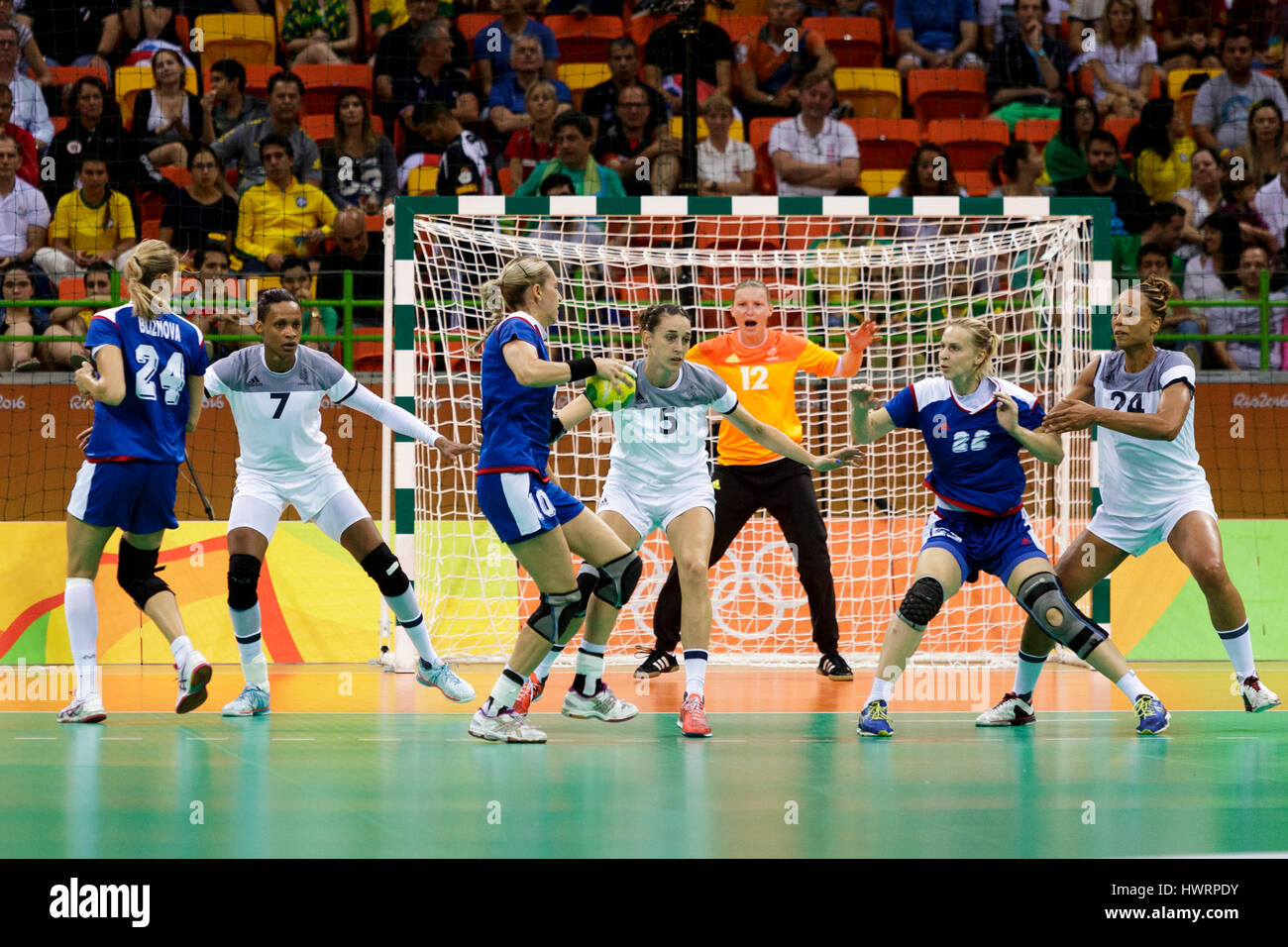 Rio de Janeiro, Brazil. 20 August 2016  The women's handball gold medal match Russia vs. France at the 2016 Olympic Summer Games. ©Paul J. Sutton/PCN  Stock Photo