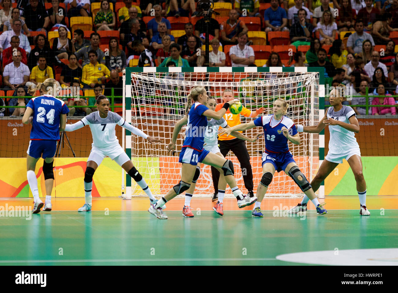 Rio de Janeiro, Brazil. 20 August 2016  The women's handball gold medal match Russia vs. France at the 2016 Olympic Summer Games. ©Paul J. Sutton/PCN  Stock Photo